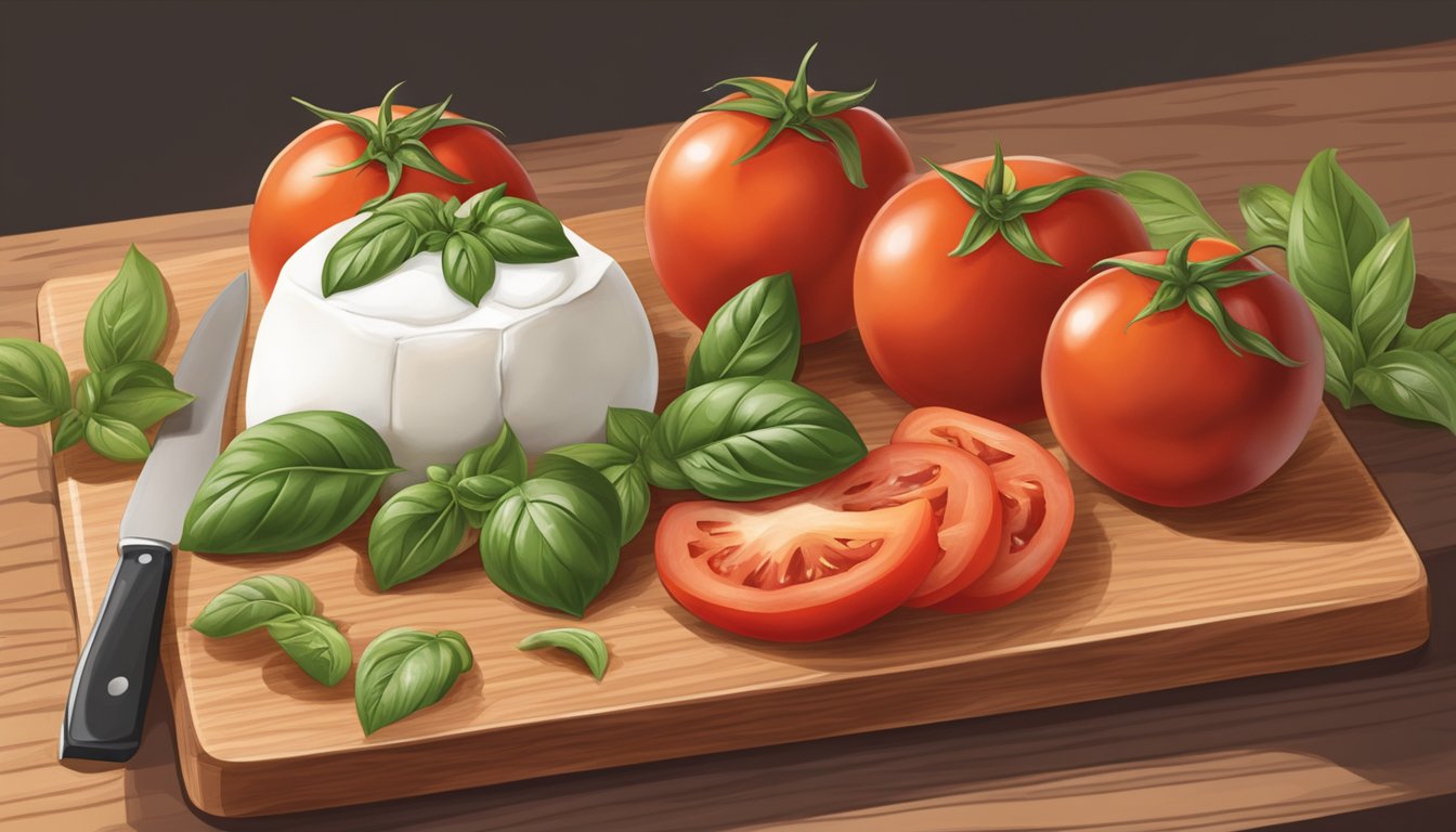 A wooden cutting board with a knife slicing into a ripe tomato, a ball of burrata cheese, and a bowl of fresh basil leaves