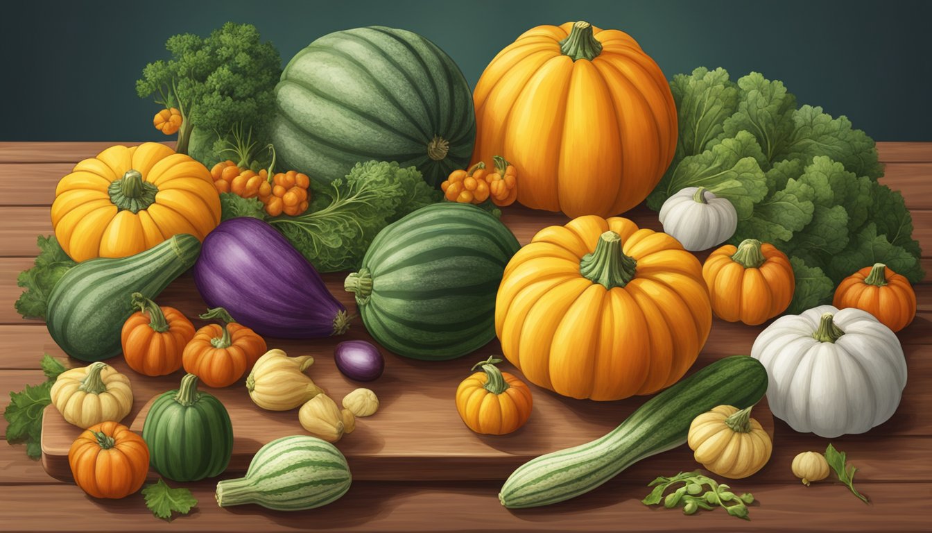 A whole buttercup squash surrounded by various other squash and vegetables on a wooden cutting board