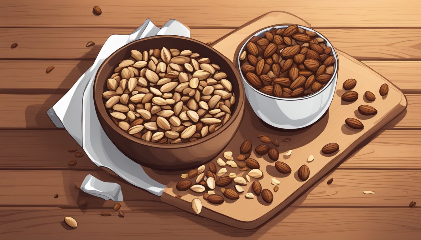 A bowl of almonds, walnuts, and sunflower seeds scattered on a wooden table. A few scattered cacao nibs are mixed in with the other ingredients