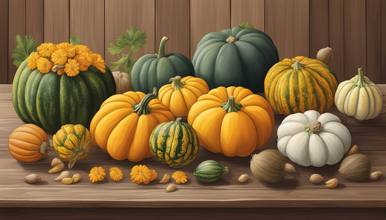 A colorful array of buttercup squash, butternut squash, and acorn squash displayed on a rustic wooden table