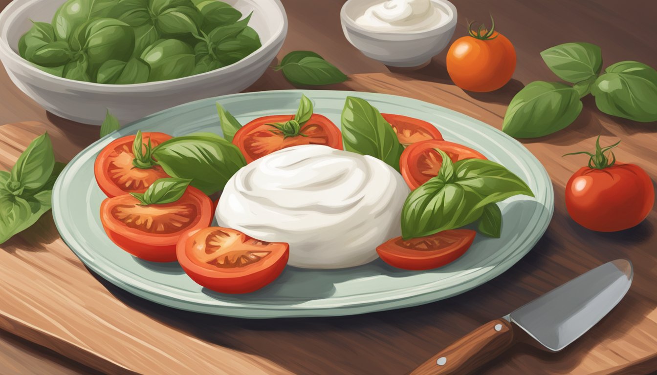 A plate of fresh tomatoes, basil leaves, and a creamy burrata cheese sitting on a wooden cutting board