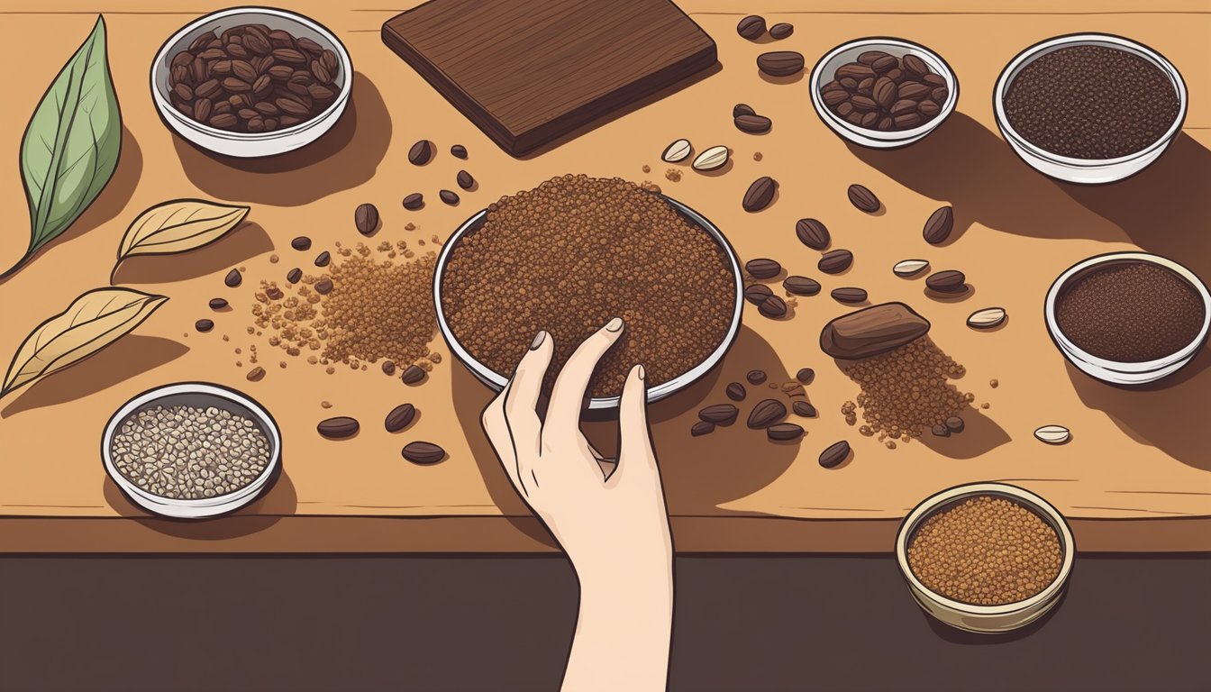 A hand reaching for various cacao nib substitutes on a wooden table