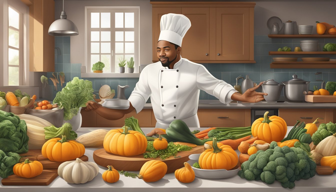 A chef reaching for a butternut squash on a kitchen counter, surrounded by various other vegetables and cooking utensils