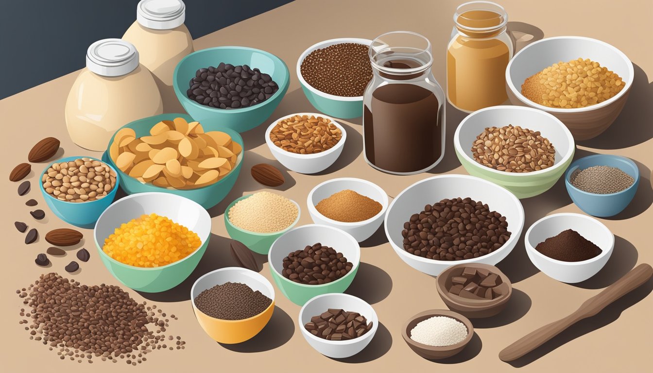 A kitchen counter with various ingredients and utensils for baking, including bowls of cacao nib substitutes such as chopped nuts, dried fruit, and chocolate chips