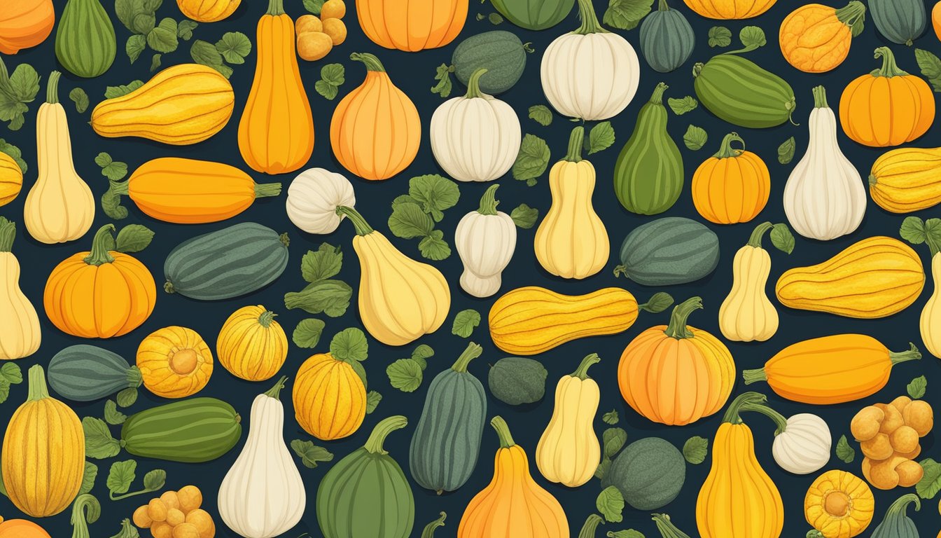 A diverse array of squash varieties from around the world arranged in a colorful display