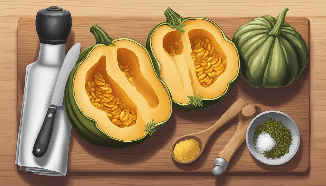 A buttercup squash on a cutting board surrounded by various cooking utensils and ingredients like olive oil, salt, and pepper