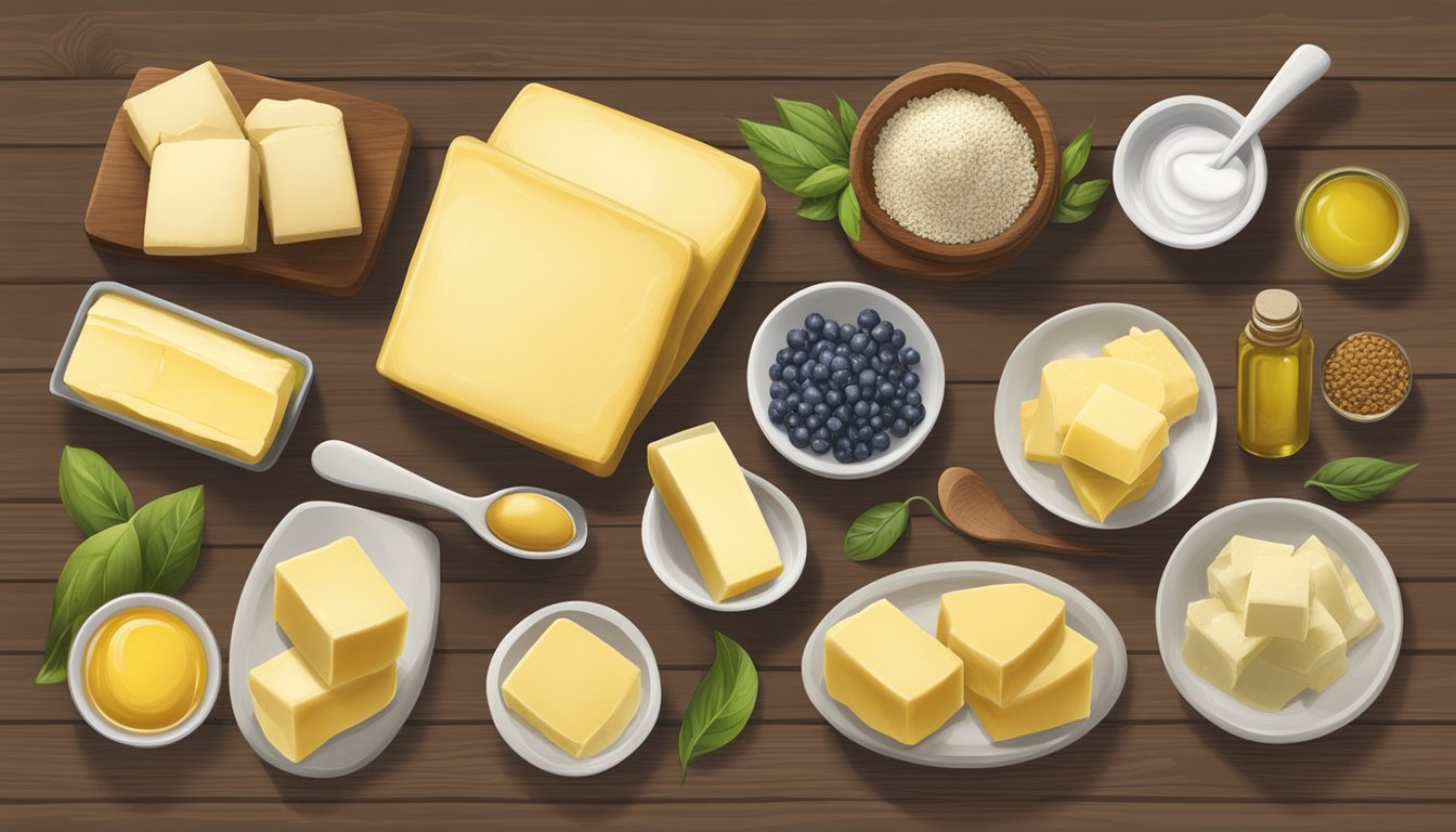 A spread of various butter substitutes and specialty fats and oils displayed on a rustic wooden table