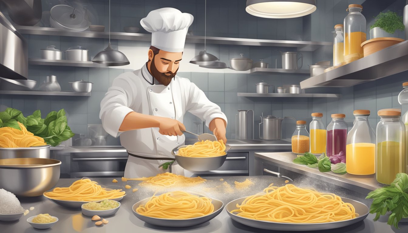 A chef preparing calamarata pasta with alternative ingredients in a bustling kitchen