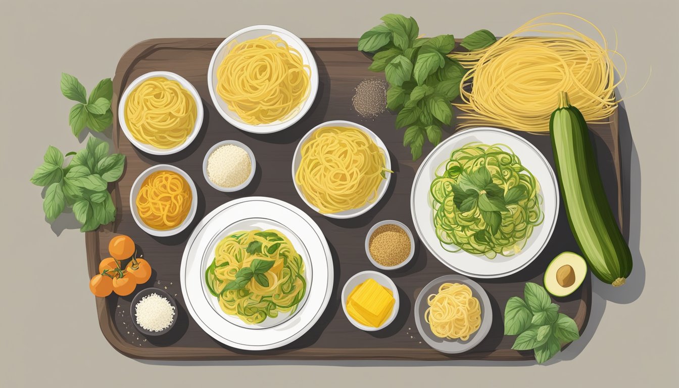 A table with a plate of calamarata pasta surrounded by various substitute ingredients like zucchini noodles, spaghetti squash, and whole wheat pasta