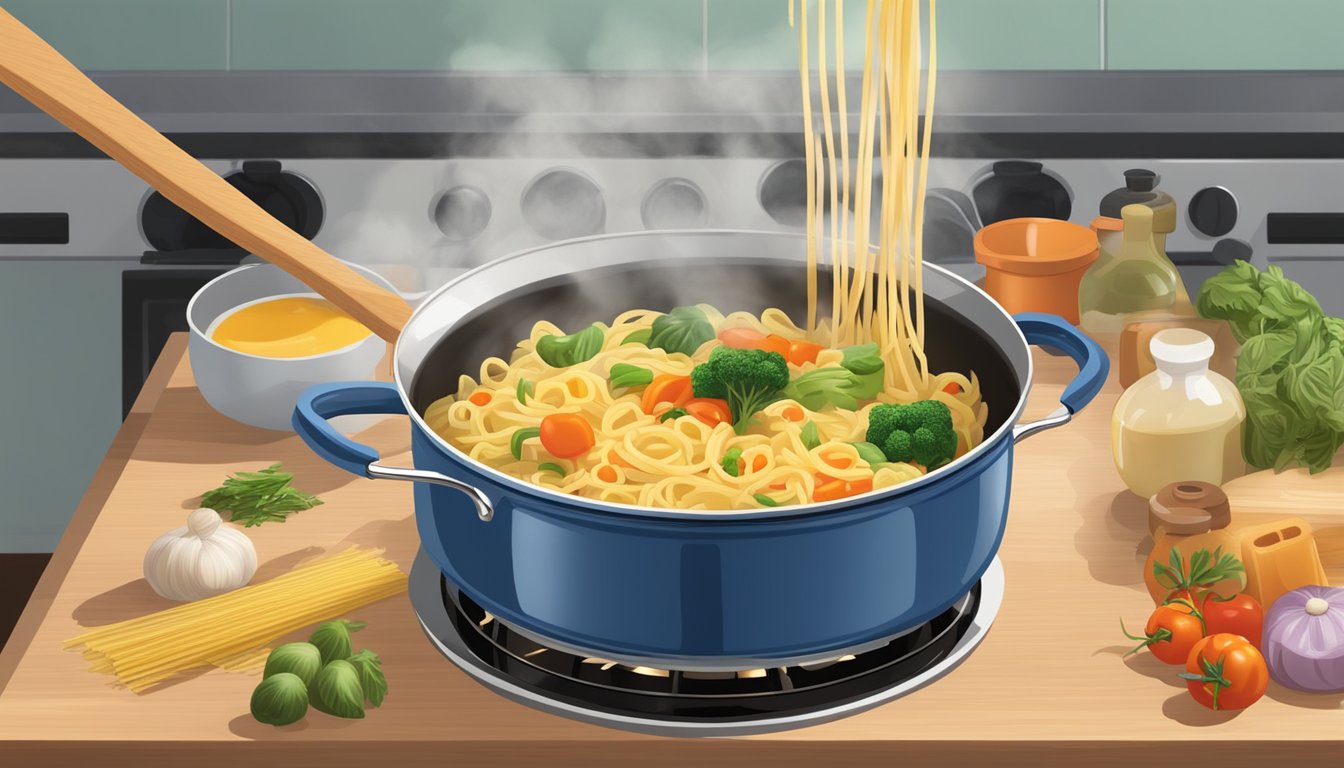 A pot of boiling water with calamarata pasta substitutes being added, a wooden spoon stirring, and a pan with sautéed vegetables and sauce on the stove