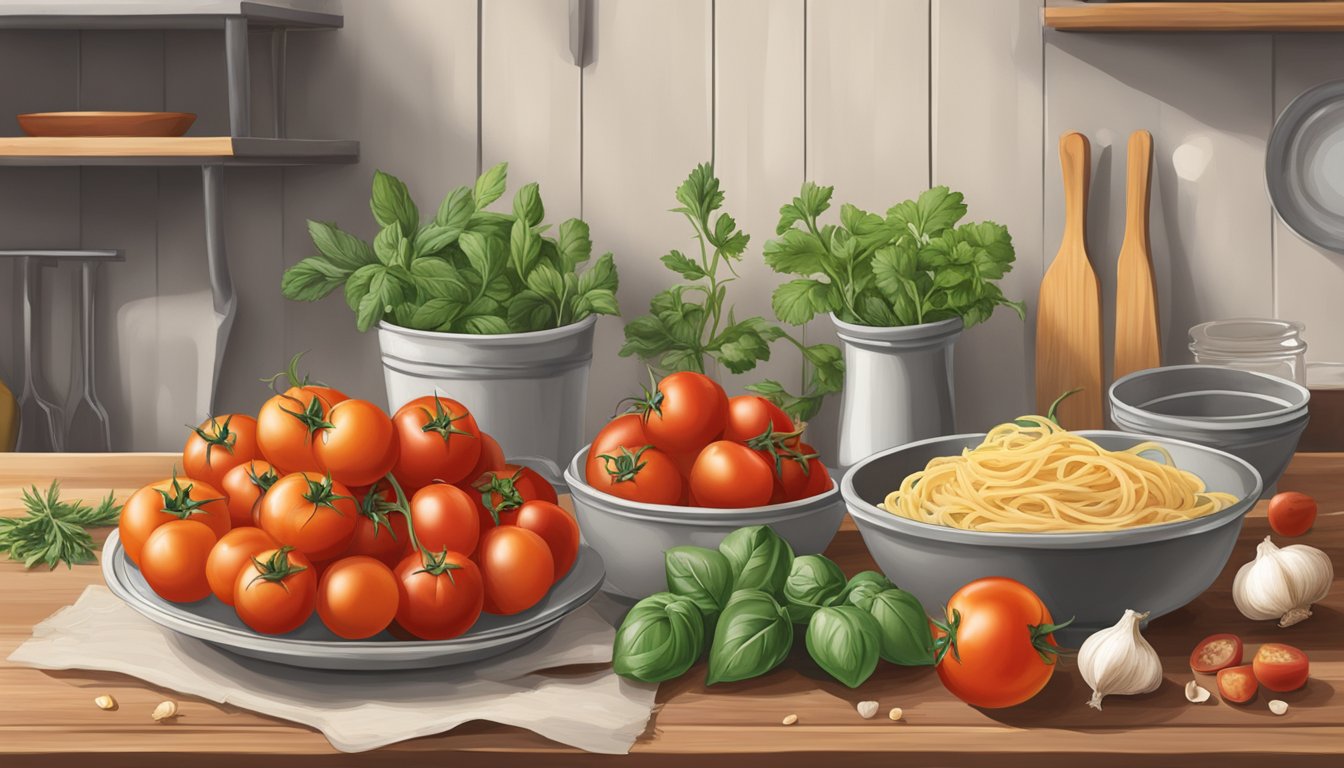 A rustic kitchen table with assorted ingredients like tomatoes, garlic, and herbs next to a bowl of calamarata pasta