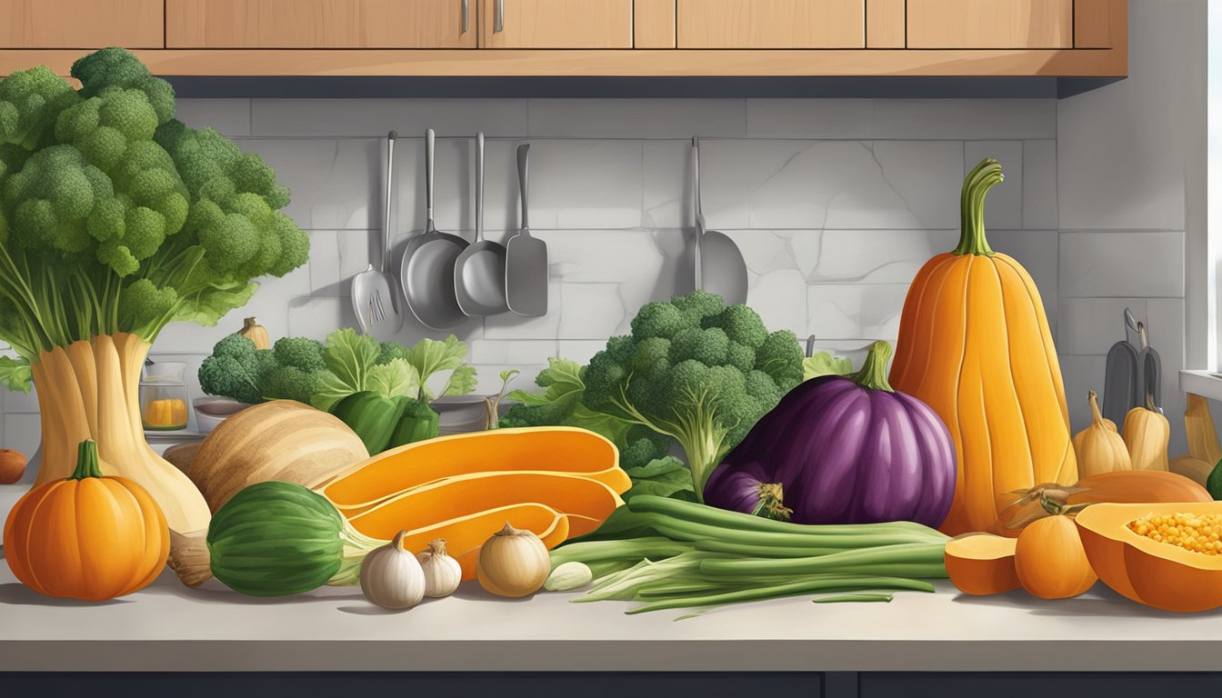 A butternut squash being replaced by various alternative vegetables in a kitchen setting