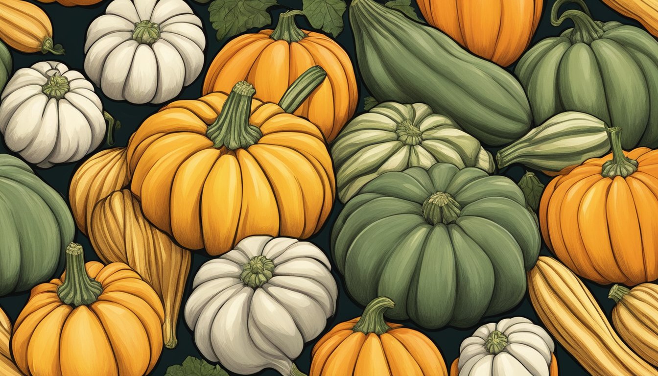 A variety of squash arranged in a colorful display, with butternut squash prominently featured among other potential substitutes