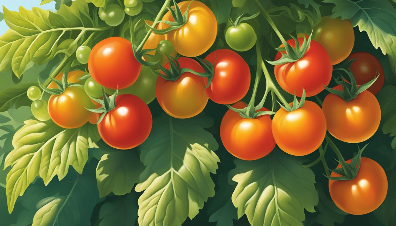 A cluster of ripe Campari tomatoes on the vine, nestled among green leaves and bathed in warm sunlight