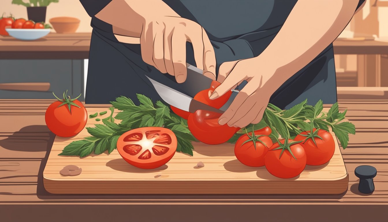 A chef slicing and arranging fresh campari tomatoes on a wooden cutting board, with various herbs and seasonings nearby