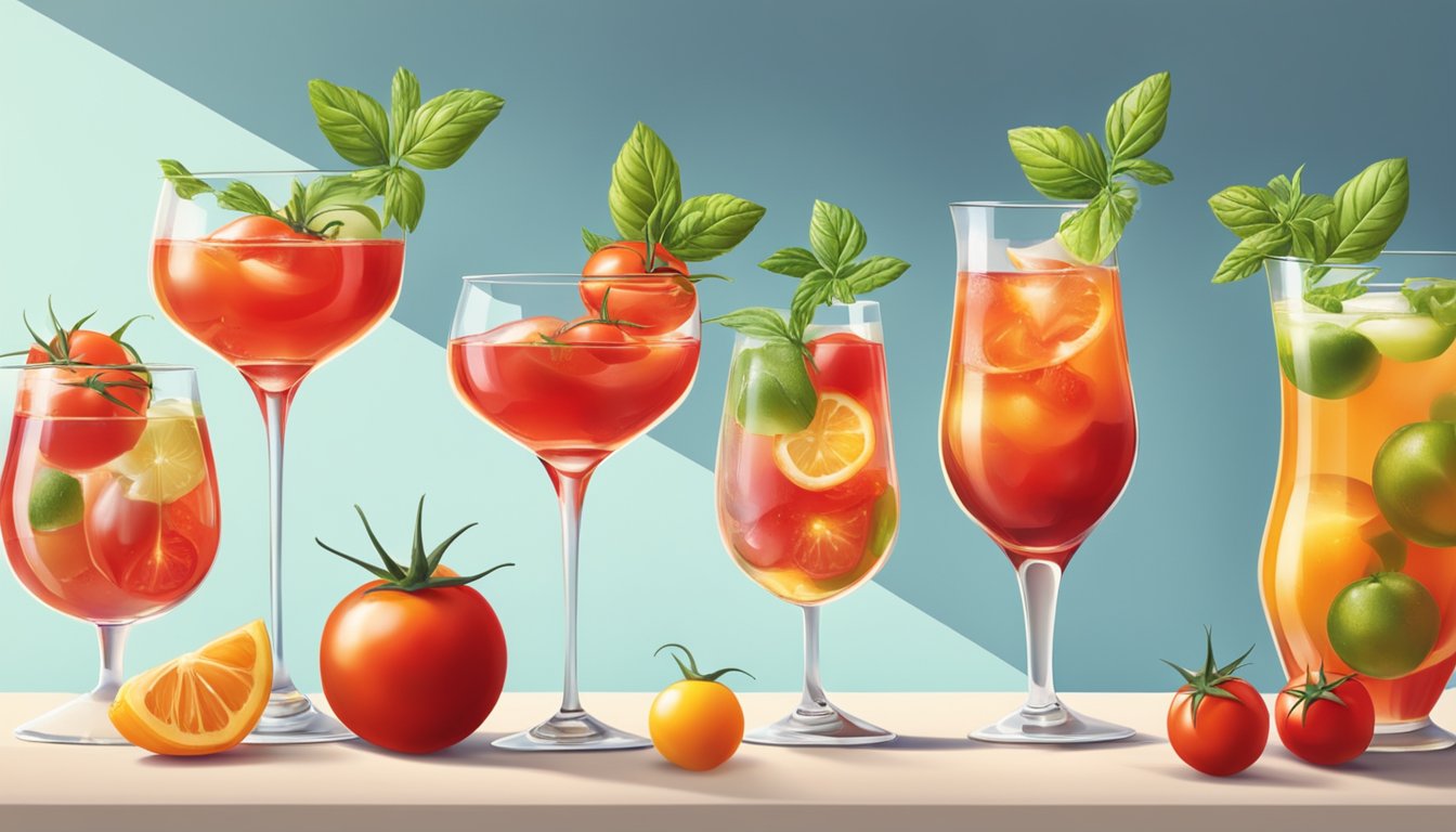 Ripe Campari tomatoes floating in vibrant cocktails