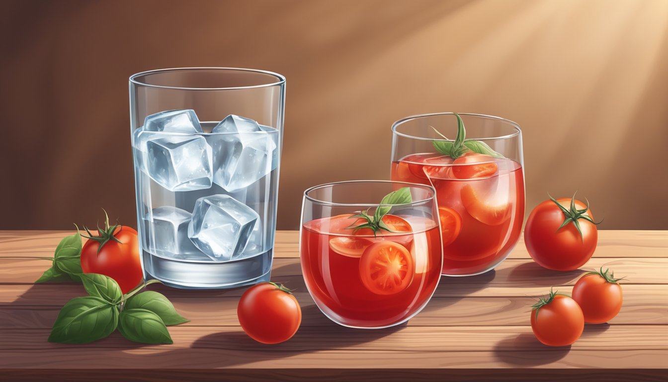 A glass filled with ice and a red liquid, surrounded by fresh campari tomatoes on a wooden table