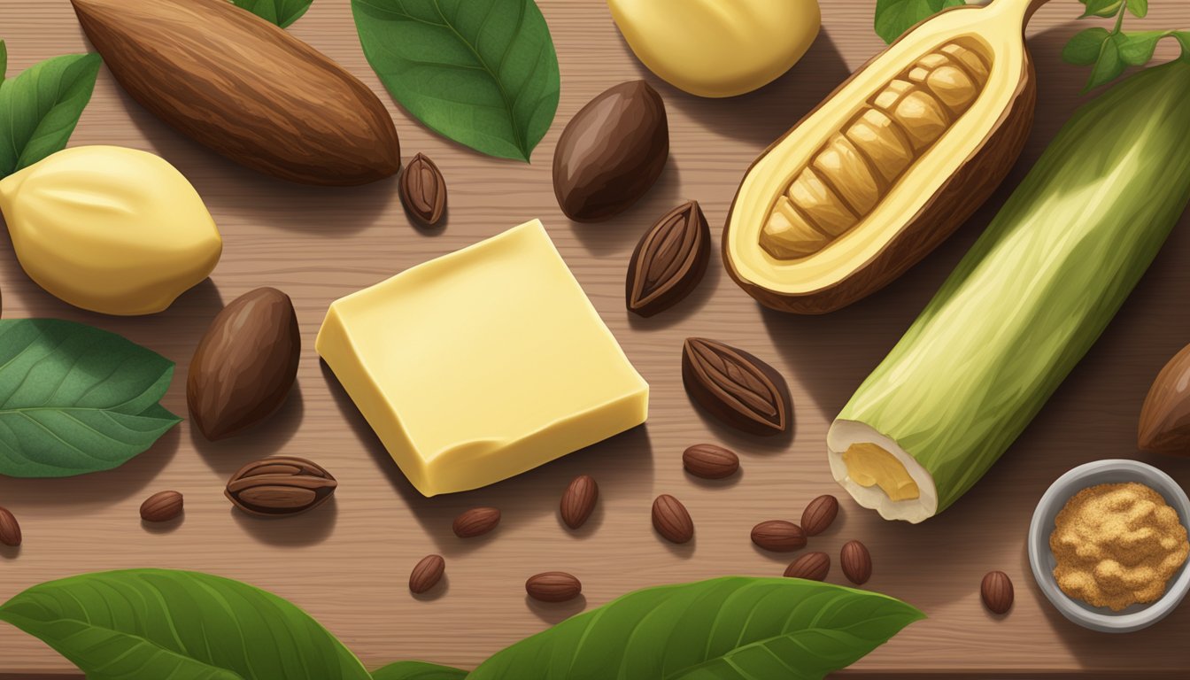 A variety of cacao butter substitutes arranged on a wooden cutting board with fresh cacao pods and leaves in the background