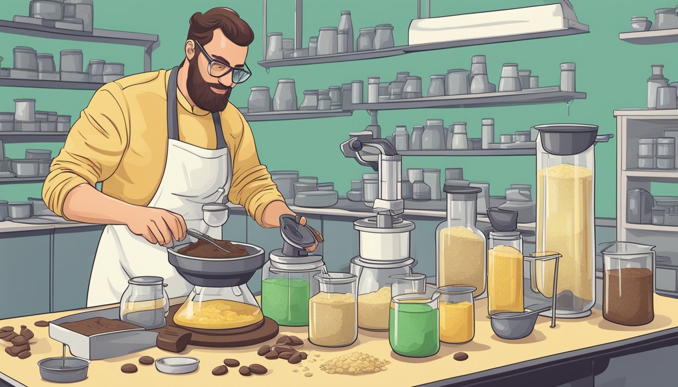 A scientist in a lab mixing cacao butter substitutes with various ingredients and equipment on the table