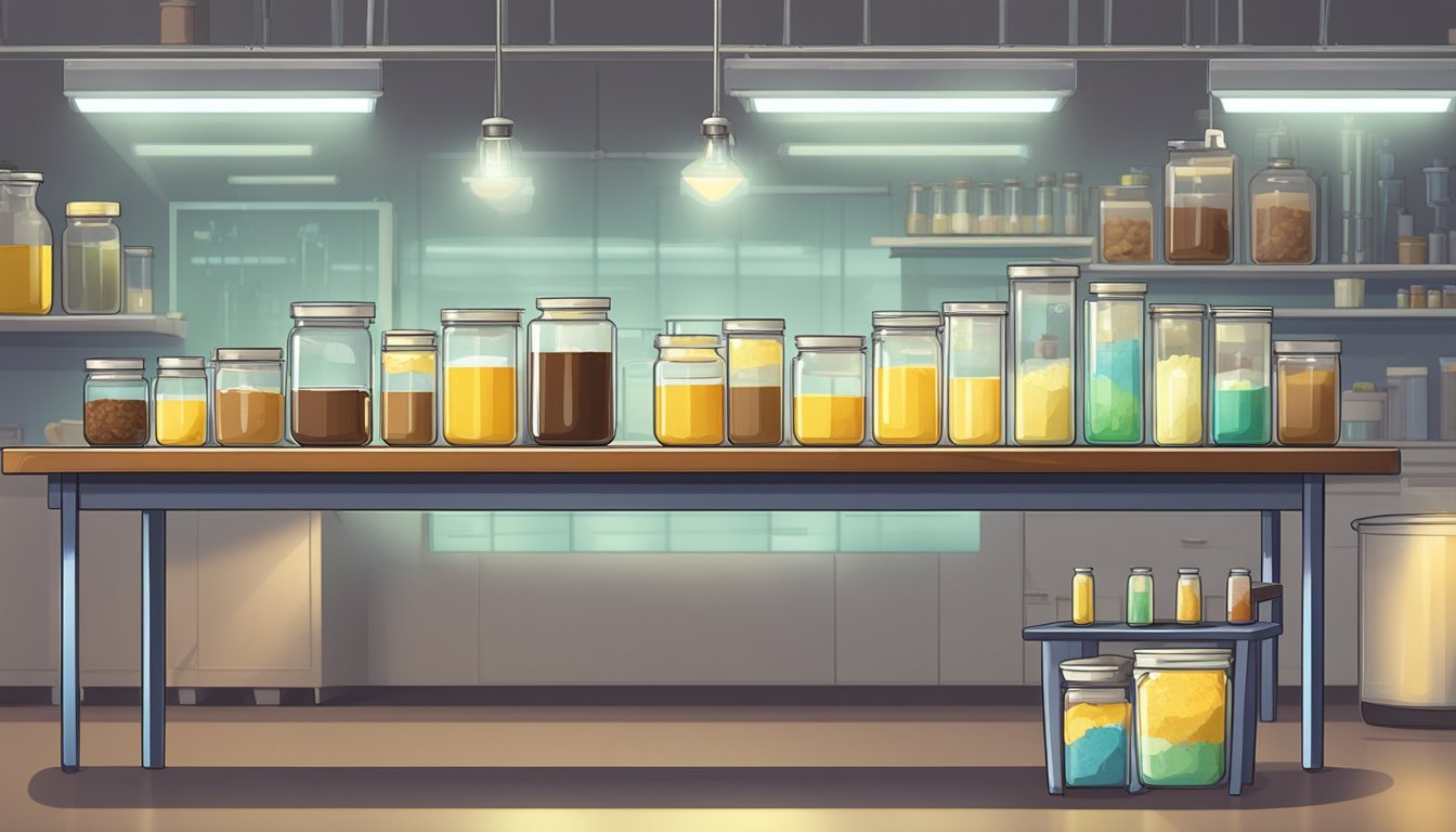 A laboratory table with various containers and equipment for testing cacao butter substitutes. Different samples are being analyzed and compared under bright lights