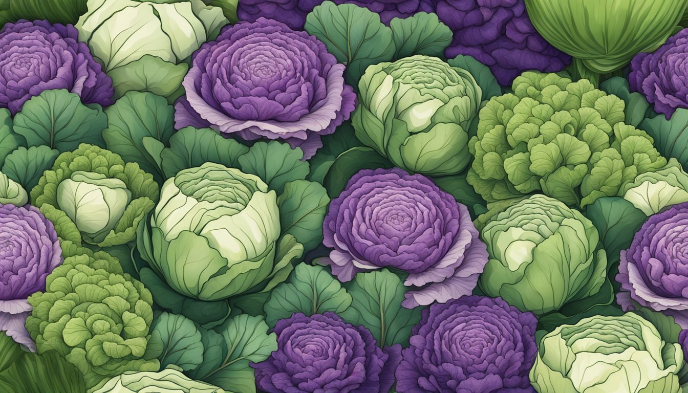 A variety of cabbages arranged in a colorful display, showcasing their different shapes, textures, and shades of green and purple