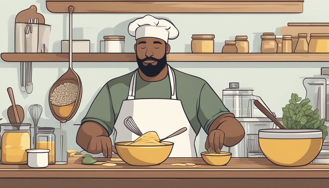 A chef mixing alternative ingredients to cacao butter for crafting chocolate. Ingredients and utensils are neatly arranged on a clean, well-lit kitchen counter