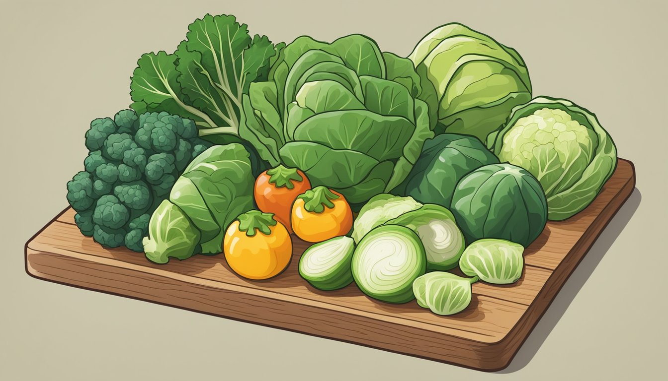 A colorful array of fresh vegetables, including kale, bok choy, and Brussels sprouts, arranged on a wooden cutting board