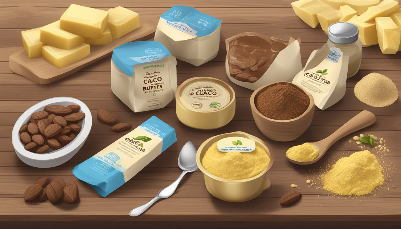 A variety of cacao butter substitutes arranged on a wooden table with different packaging and labels