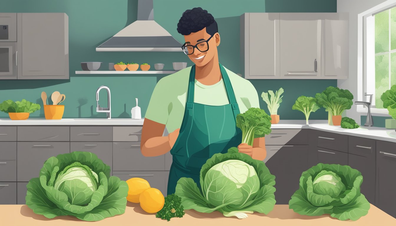 A head of cabbage being swapped with kale, Swiss chard, or bok choy in a kitchen setting