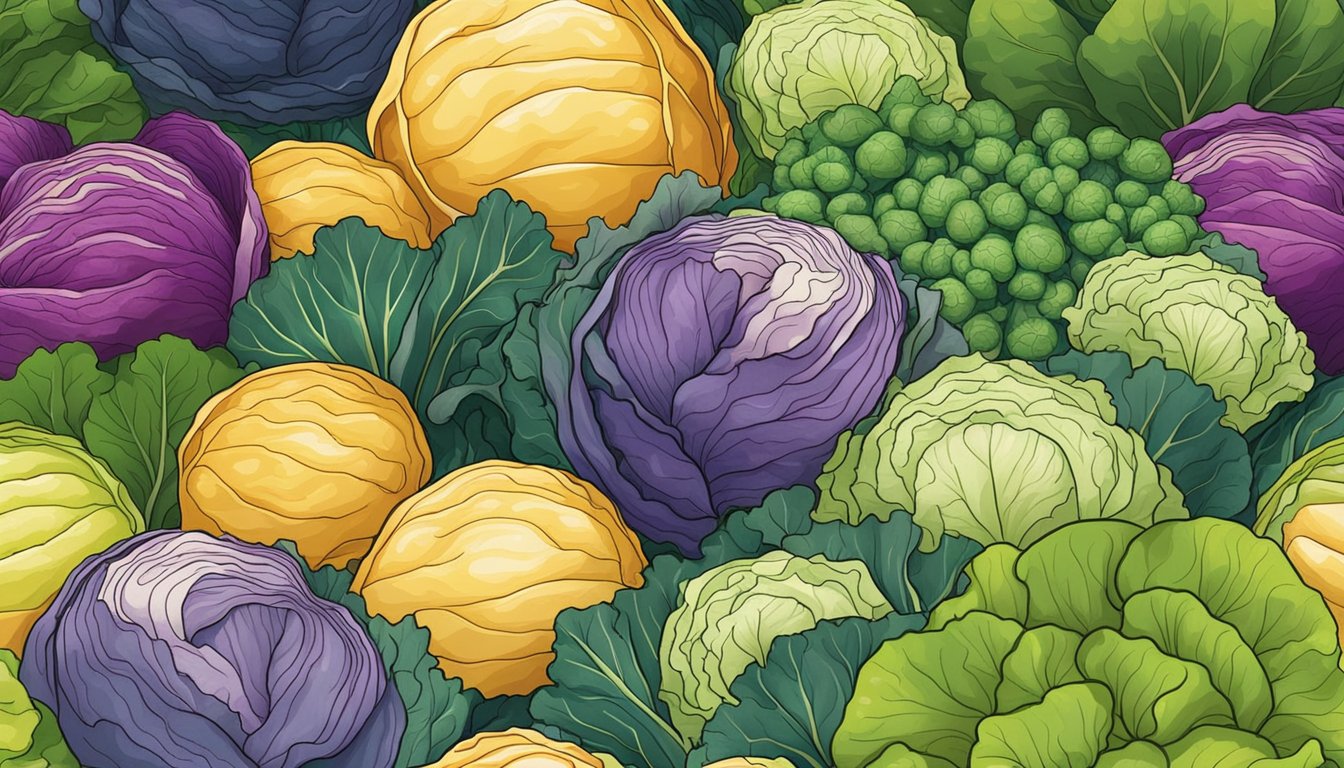 A colorful array of cabbage substitutes arranged in a vibrant, cascading display, including kale, bok choy, and Brussels sprouts, with a variety of textures and shades