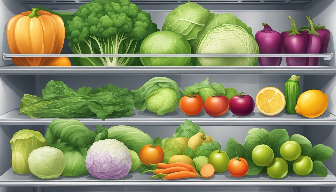 A variety of fresh vegetables and fruits neatly organized in a pantry or refrigerator, with different options for cabbage substitutes clearly labeled