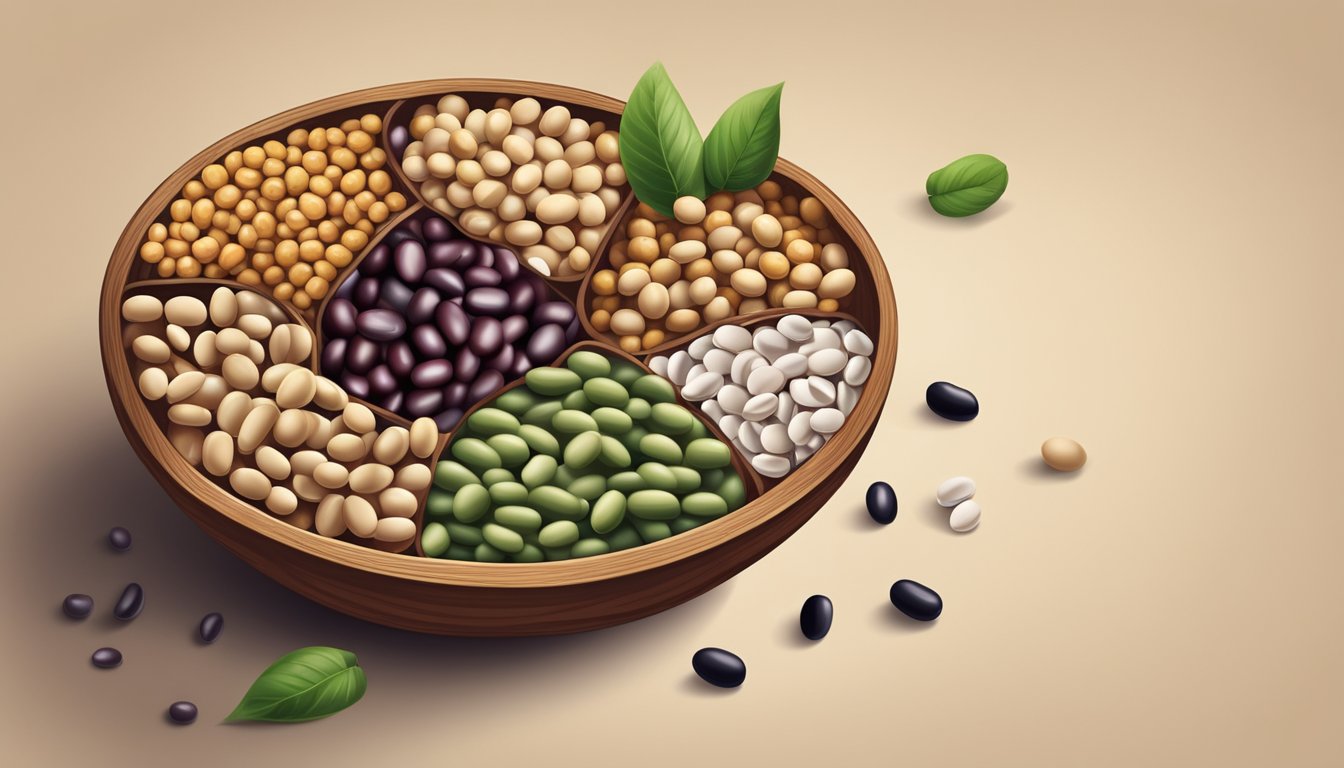 A variety of beans arranged in a rustic wooden bowl, including kidney beans, navy beans, and chickpeas, with a few scattered on the table