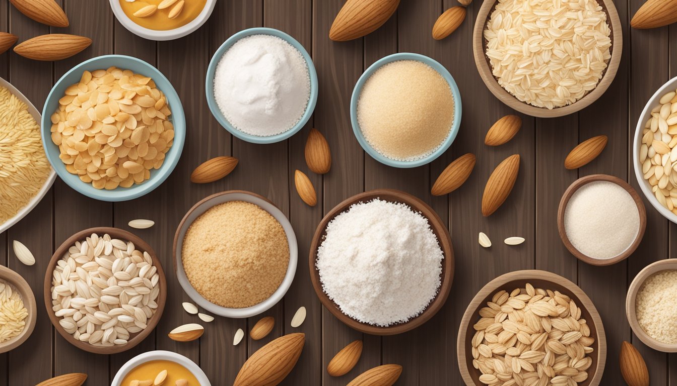 A variety of alternative flours, such as almond, coconut, and oat, are arranged on a wooden table next to a freshly baked cake, showcasing their impact on different cake textures