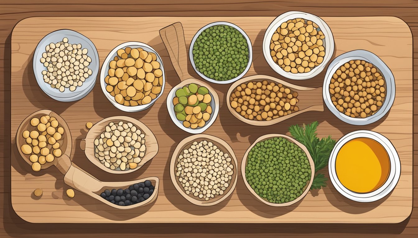 A variety of non-bean alternatives like lentils, chickpeas, and quinoa displayed on a wooden cutting board