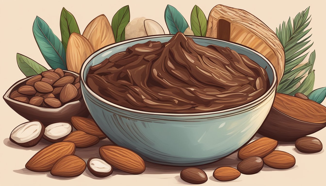 A bowl of cacao paste substitutes surrounded by various non-cacao ingredients such as carob, dates, and almonds, with a rich and chocolatey aroma filling the air