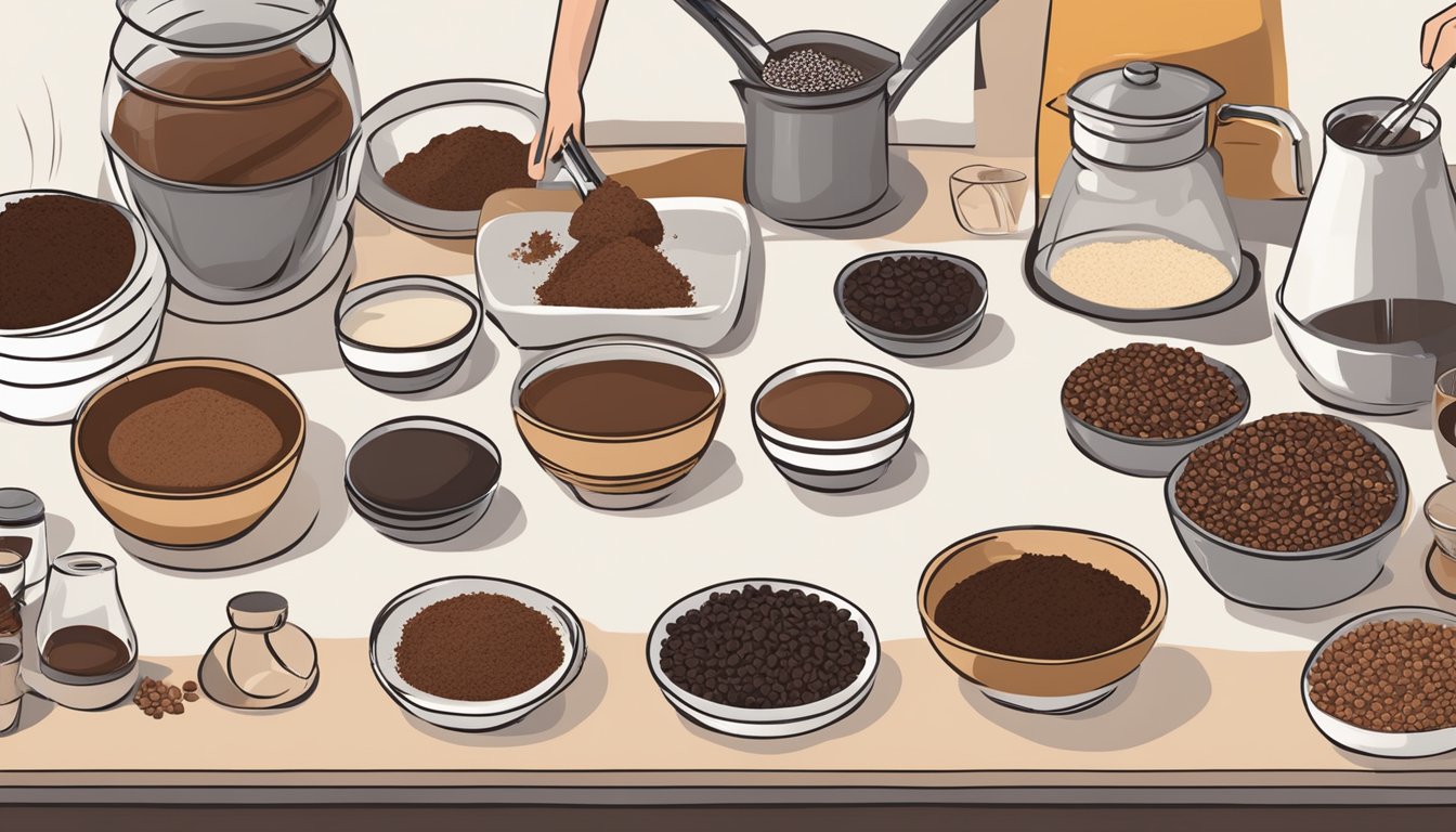 A table filled with various cacao paste substitutes - carob, cocoa powder, and cacao nibs. A chef is experimenting with different recipes