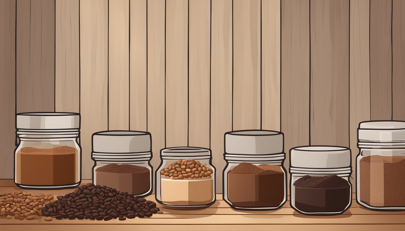 A variety of specialty cocoa powders and cacao paste substitutes displayed on a wooden table with natural lighting