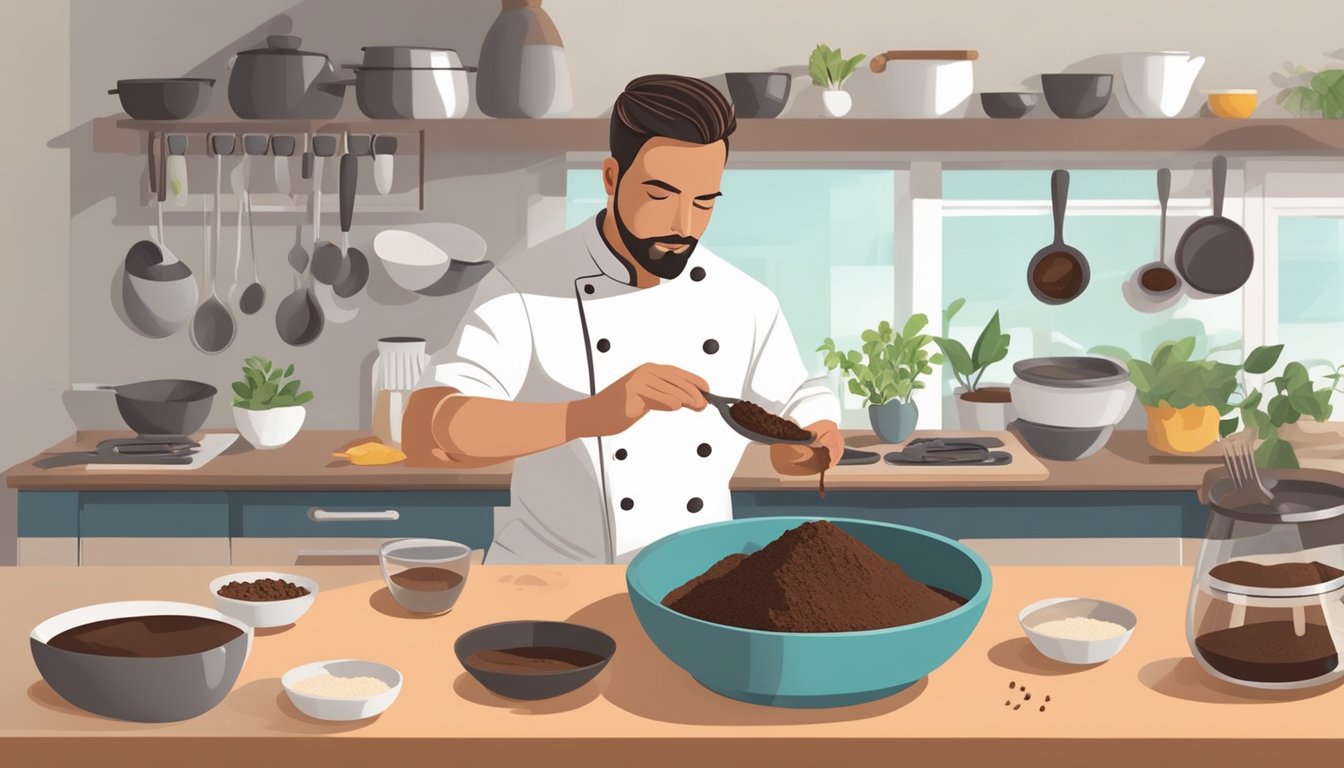 A chef swaps cacao paste for carob powder in a recipe, carefully measuring and mixing the ingredients in a modern kitchen