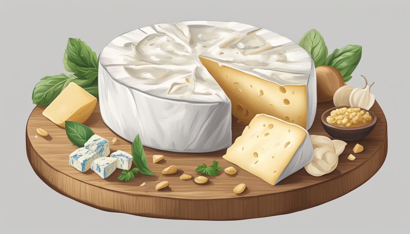 A wheel of camembert cheese surrounded by various alternative ingredients like brie, blue cheese, and goat cheese