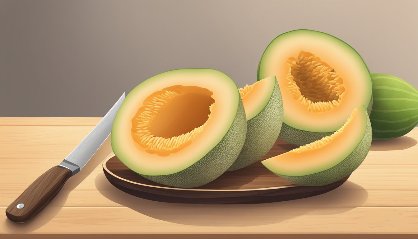 A cantaloupe sitting on a wooden cutting board with a knife next to it. A few slices are arranged neatly on a plate