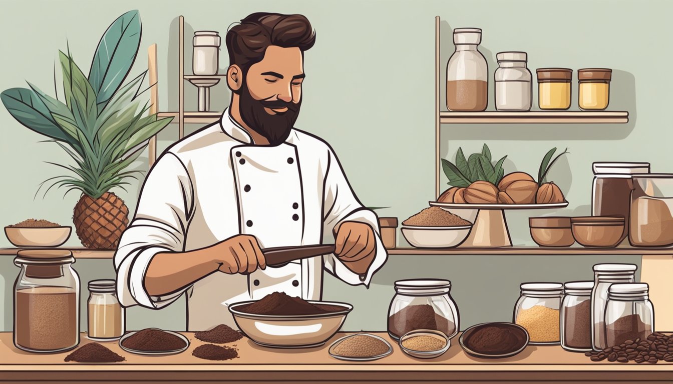 A chef replaces cacao paste with alternative ingredients in a recipe, such as cocoa powder, coconut oil, or nut butter