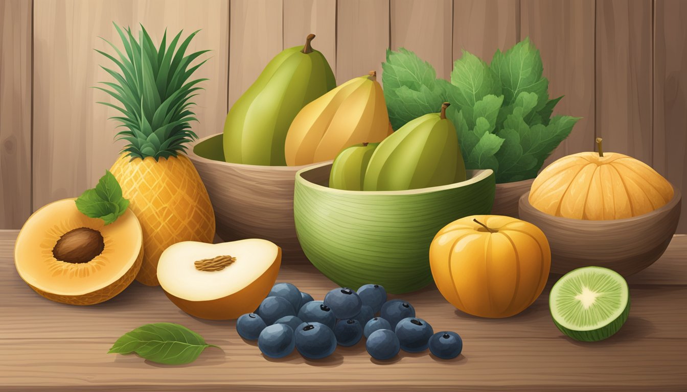 A variety of fruit alternatives to cantaloupe displayed on a wooden table