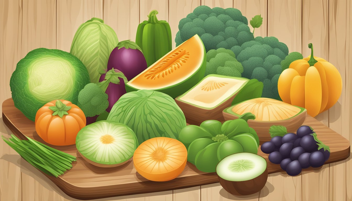 A colorful array of vegetable and fruit substitutes, including cantaloupe, arranged on a wooden cutting board