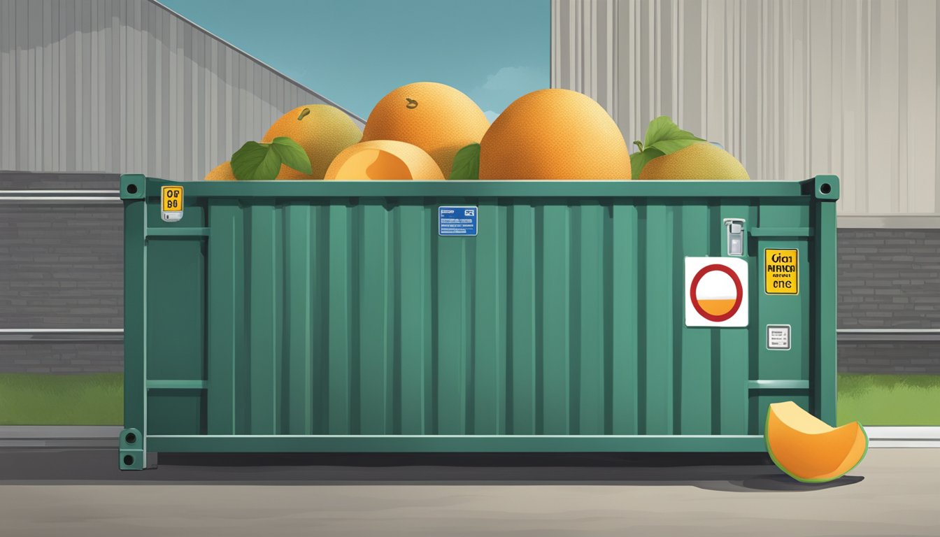 A cantaloupe being stored in a secure, locked container with a "no entry" sign