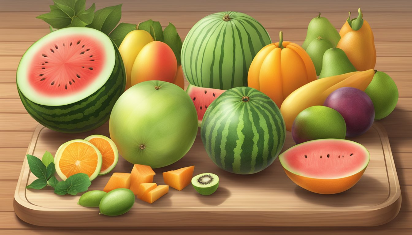 A variety of fruits such as watermelon, honeydew, and papaya arranged on a wooden cutting board