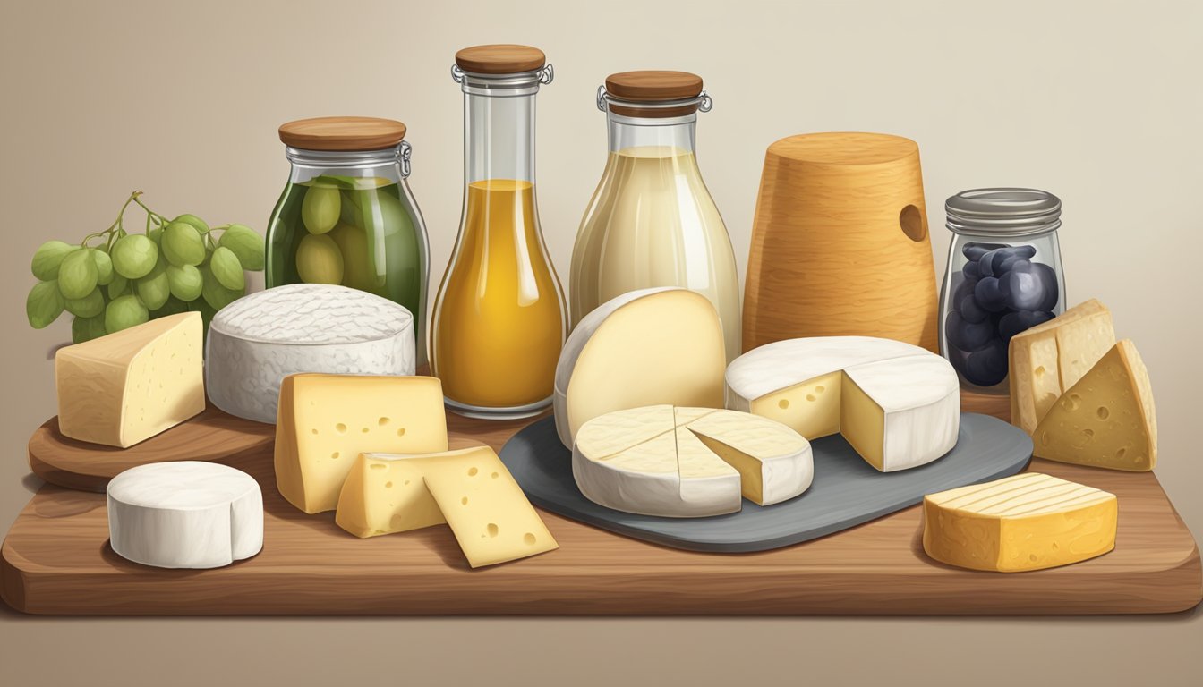 A selection of various camembert cheese substitutes arranged on a wooden cutting board, with labels indicating different types. A cheese dome covers the board, and a refrigerator is in the background