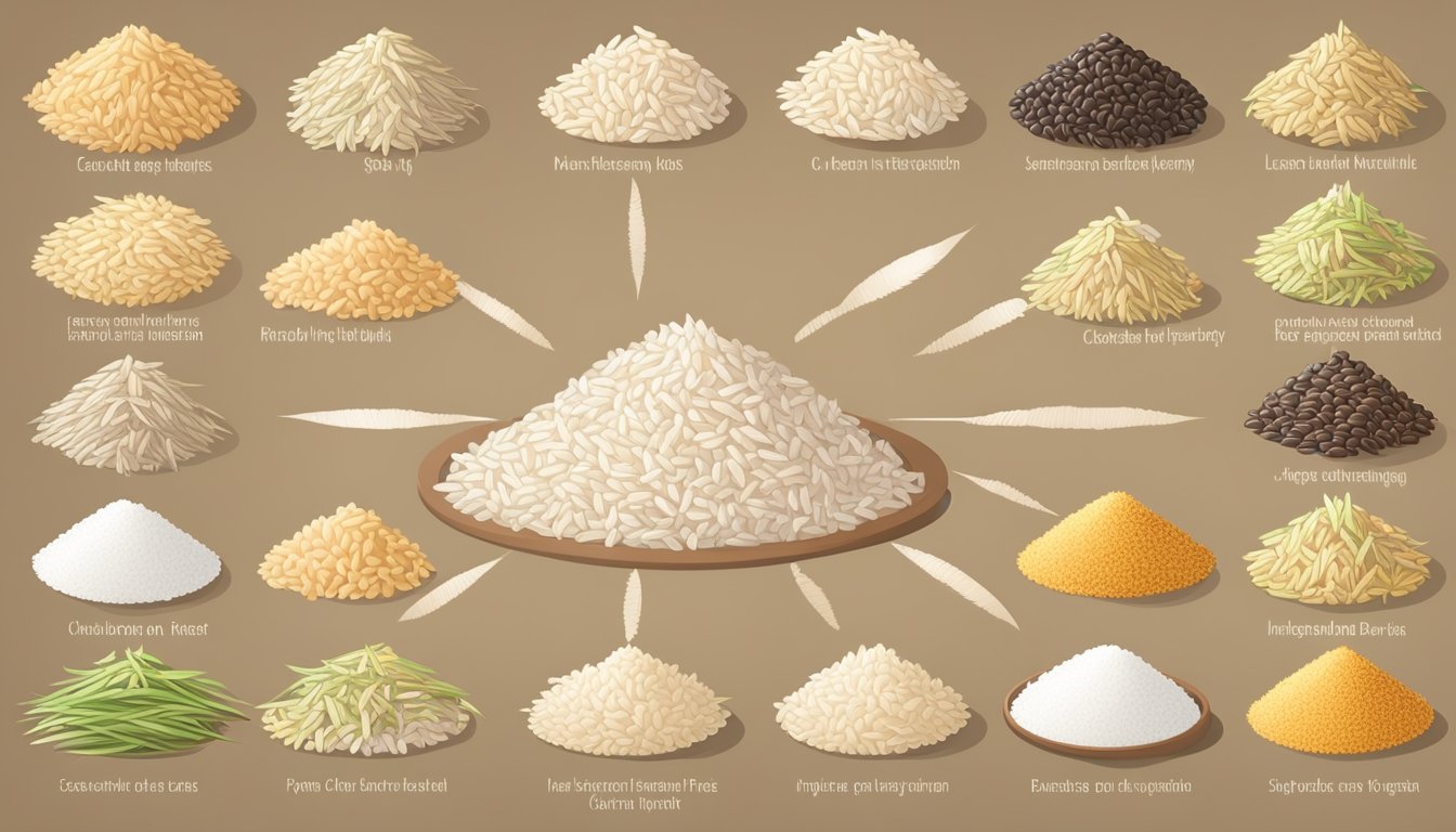 A variety of rice grains arranged in a circle with labels indicating different types of substitute calrose rice