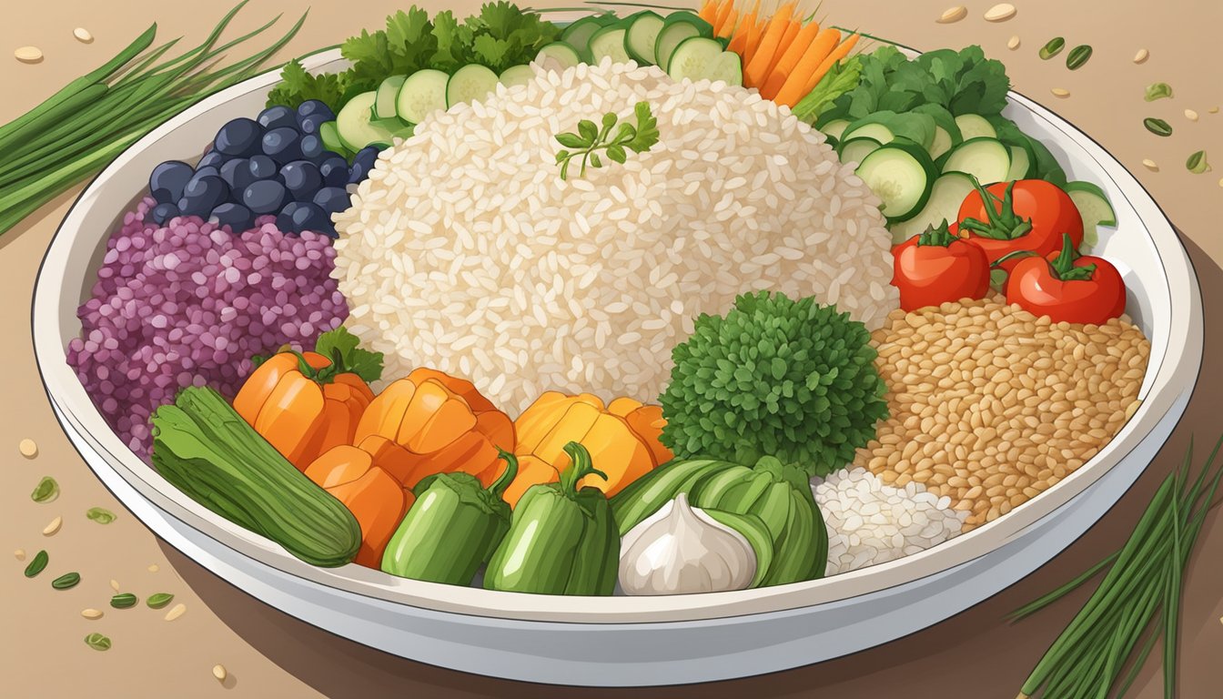 A variety of grains and vegetables arranged around a central bowl of calrose rice