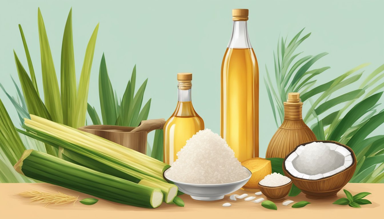 A bottle of cane vinegar surrounded by various ingredients like sugar cane, coconut water, and rice wine vinegar