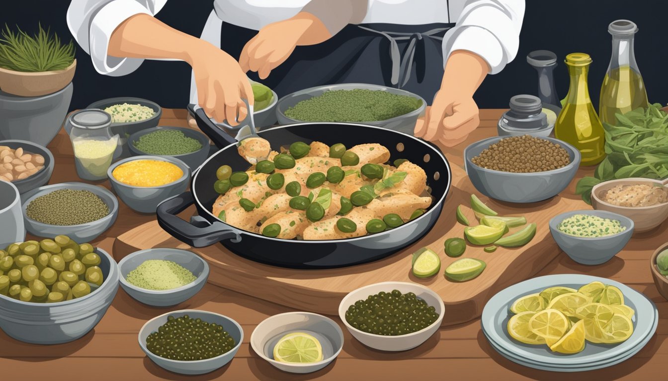 A chef adding capers to a sizzling skillet of chicken piccata, surrounded by bowls of potential caper substitutes like olives and pickles